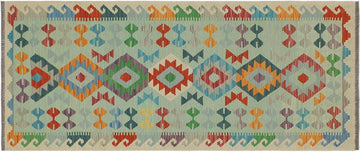 Flat Weave Kilim, Antique, Navaho, Vintage, Handmade, Geometric Kilim Blue Beige Hand-Woven Runner 100% Wool Area Rug 3 x 7